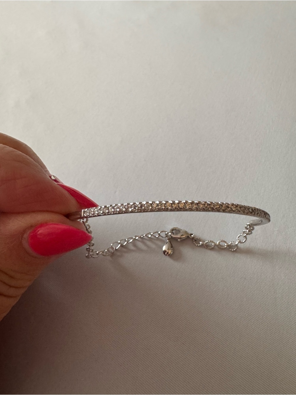 Silver Tone Crystal Pavé Bangle Bracelet Adjustable Chain Closure